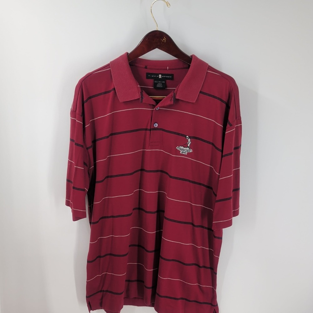 Vintage Tiger Woods Pinehurst 1895 Golf Striped Polo Shirt Maroon Red Size XL